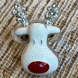 Huge Glittery White Christmas REINDEER Statement Ring~Rhinestone Ears & Red Nose